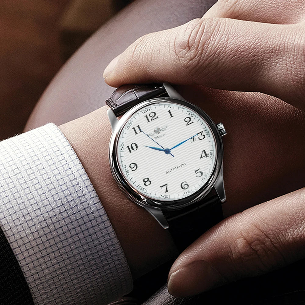 WINNER herreur – Klassisk, retro og elegant stil – Mekanisk automatisk ur med kalender – Luksusmærke, stålurkasse og læderrem