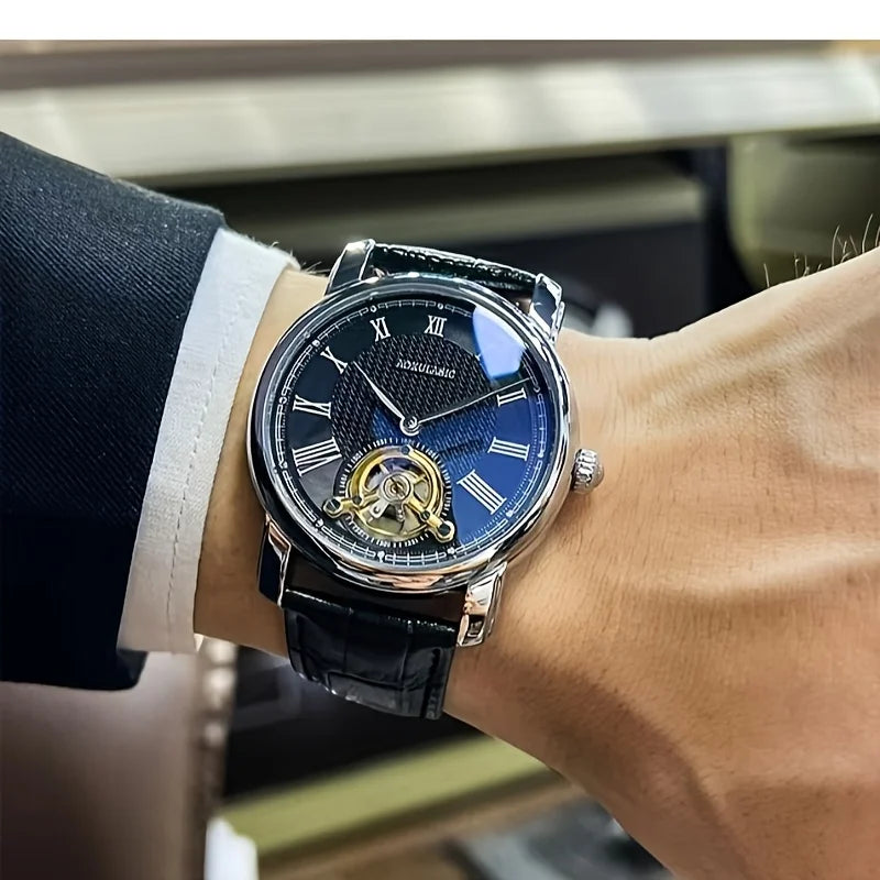 Mekanisk automatisk herreur – Elegant skeletdesign, trendy »business casual«-stil, urkasse i legering og læderrem, uden batteri