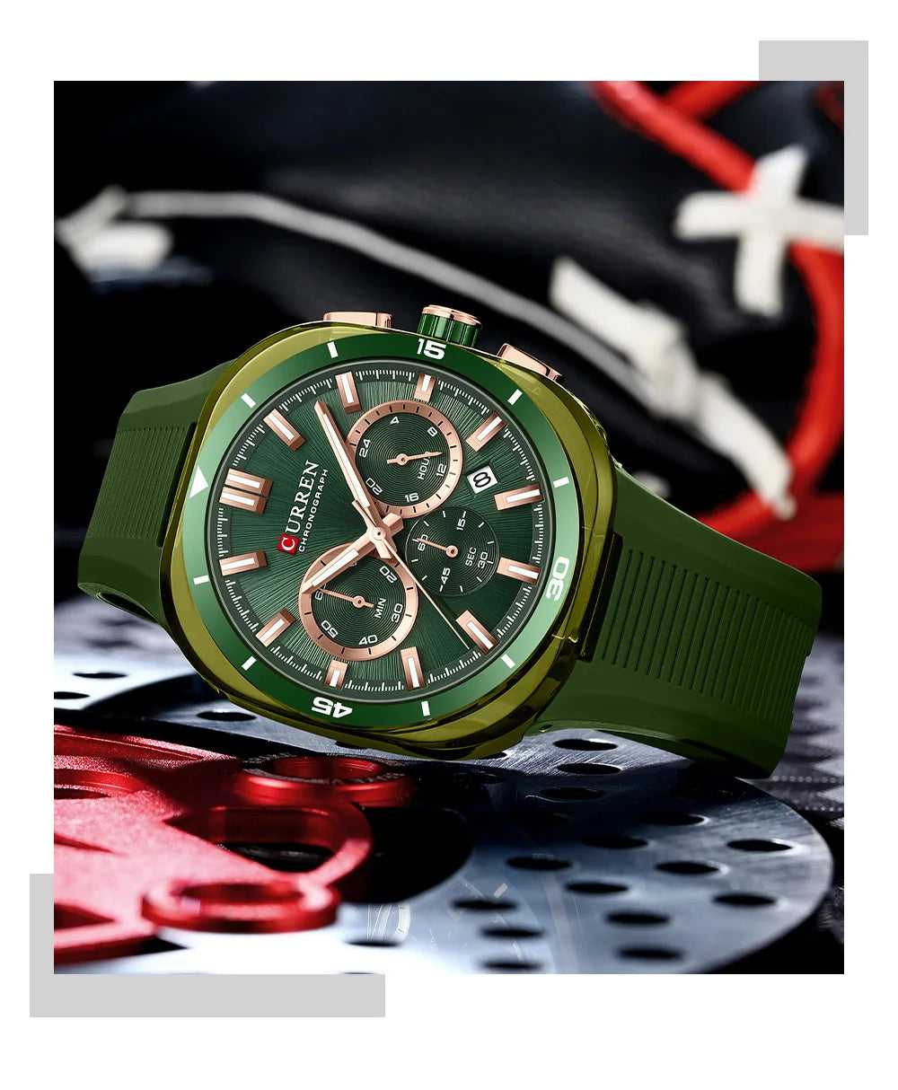 Relógio de homem CURREN – Novo modelo de luxo com movimento de quartzo, bracelete em silicone, estilo desportivo, multifunções, à prova de água, luminoso, com indicação da data e cronómetro.