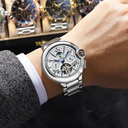 POEDAGAR herreur i luksuriøs og professionel stil med dato- og ugedagsvisning, tourbillon, rustfrit stålhus, mekanisk automatisk urværk og vandtæthed.