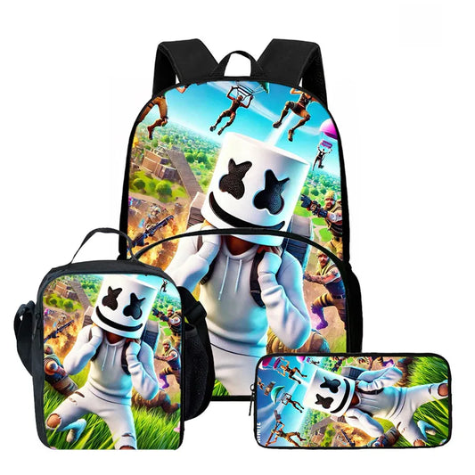 Fortnite Cartoon 3Pcs School Bag Set Unisex for Boys Girls, Backpack with Front Pocket, Lunch Bag and Pencil Case Best Gift