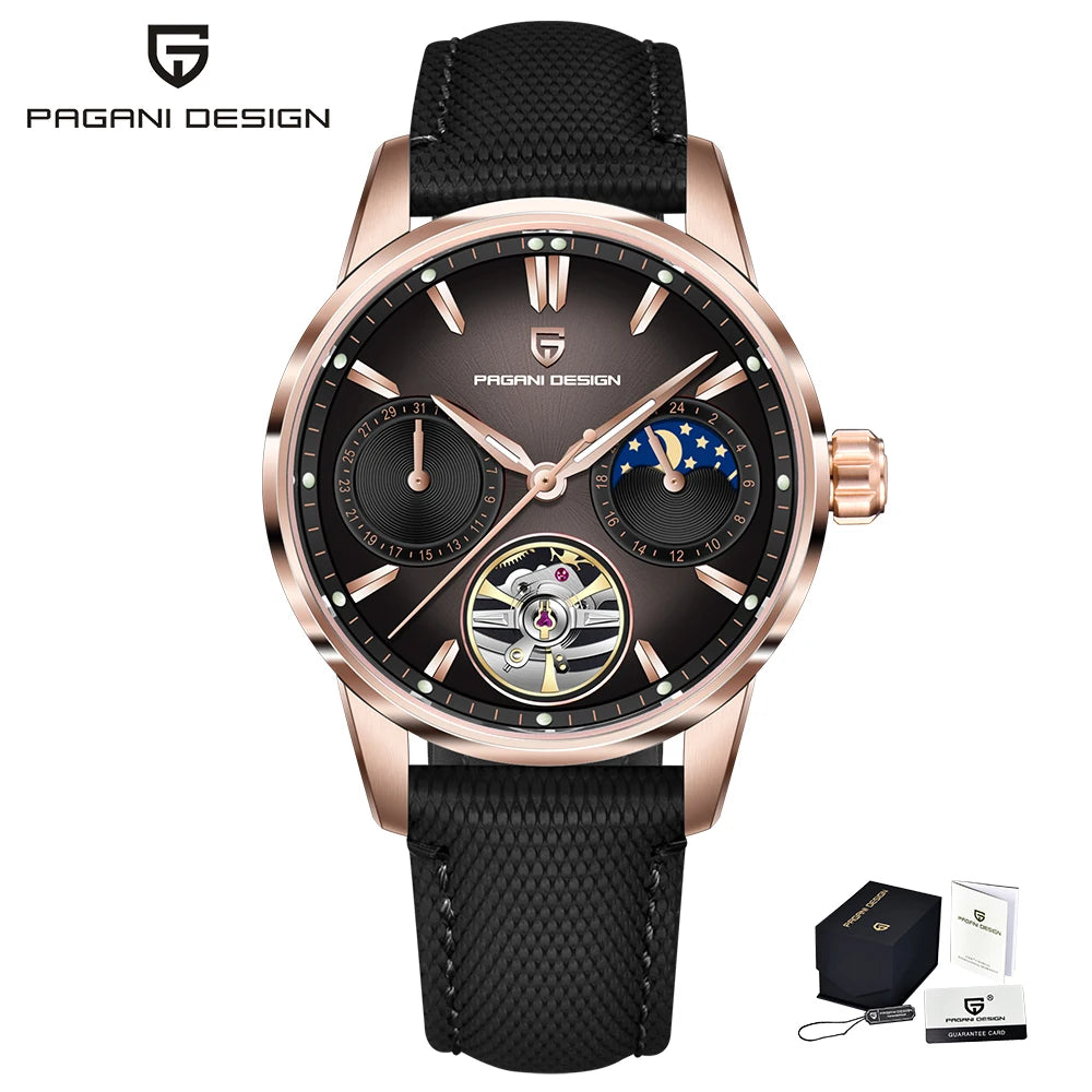PAGANI DESIGN – Montre mécanique de luxe pour homme, 41 mm, verre saphir, bracelet en cuir, étanche, style pilote, avec tourbillon et phase de lune