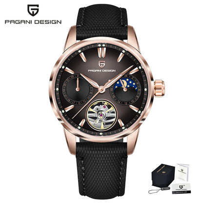 PAGANI DESIGN – Montre mécanique de luxe pour homme, 41 mm, verre saphir, bracelet en cuir, étanche, style pilote, avec tourbillon et phase de lune