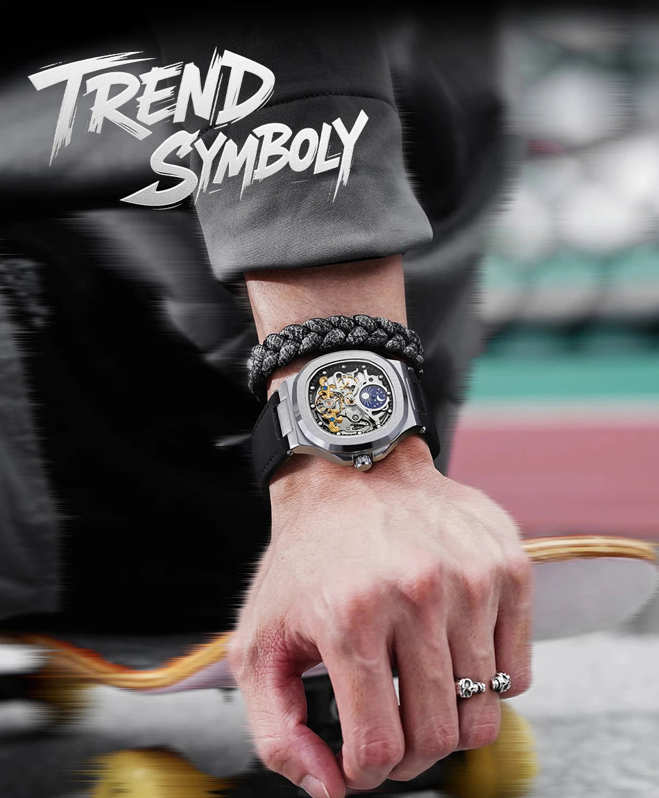 2025High-end Luxury SKROX Square Man Watch Sapphire Tourbillon Steel Skeleton Moon Phase Automatic Movement Leather Male Watches