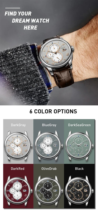 Luxury Brand BORMAN Automatic Mechanical Men's Watches Sapphire 50M Waterproof Multi-function Dial Retro Leather Clocks BM18011