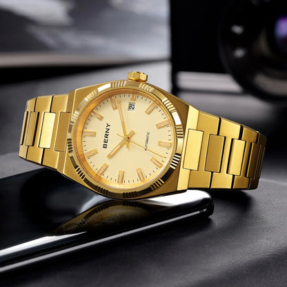 Orologio automatico da uomo BERNY, dorato, vetro zaffiro, lancette luminescenti, originale al 100%, dotato di movimento PT5000, rivestimento antiriflesso, modello di lusso con lunetta intercambiabile, impermeabile fino a 5 ATM.