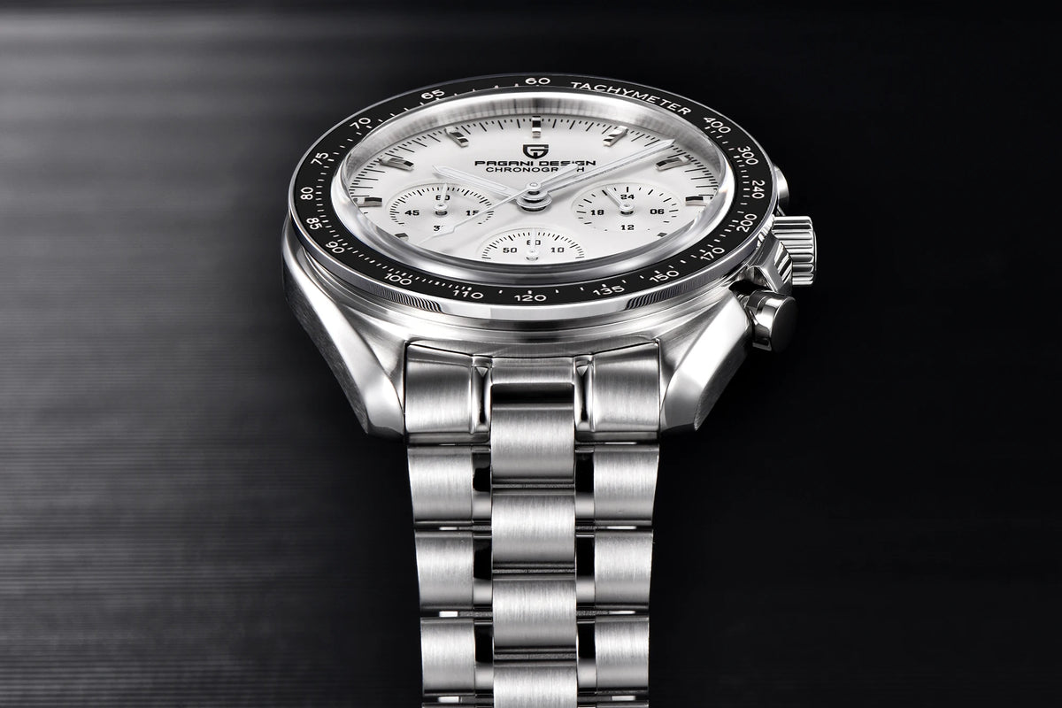 Montre pour homme PAGANI DESIGN « New Moon » – Montre à quartz de luxe, chronographe, verre saphir avec traitement antireflet, lunette en céramique, aiguilles luminescentes