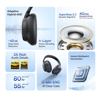 Baseus Bass EH10 NC Wireless Headphones Bluetooth 6.0 Noise Canceling 45dB Over Ear HeadsetSpatial Audio Earphone 80H Time