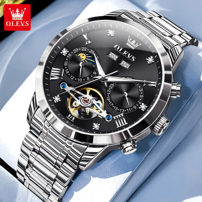 OLEVS Men's Watches Moon Phase Hollow Flywheel Exclusive Original Automatic Mechanical Watches For Men Luxury Man Watch New 7029