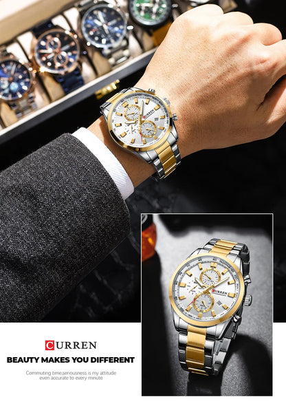 CURREN Quartz Chrono Sport Watch Brands for Men - Stainless Steel Bracelet and Multifunctional Dial