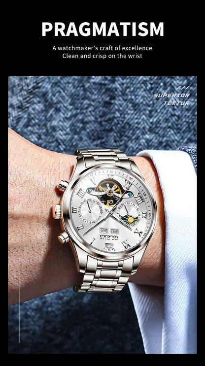 OLEVS 7005 Classic Business Mechanical Wristwatch for Men Skeleton Flywheel 24 Hour Moon Phase Calendar Luxury Men's Watch