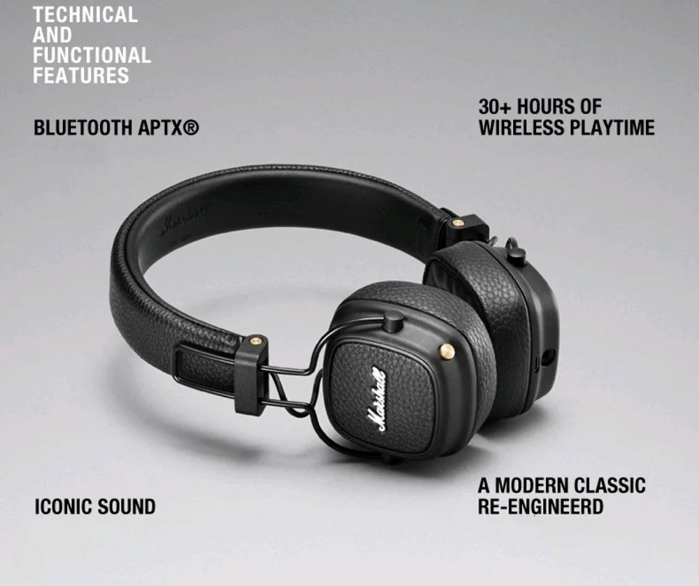 Marshall MAJOR III Bluetooth Wireless Headphones Earphones Deep Bass Foldable Sport Gaming Rock Headset Reduction Microphone