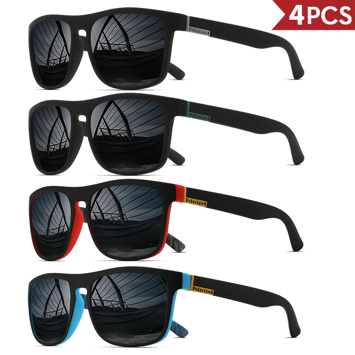 4PCSClassic Square Polarized Sports Sunglasses Lightweight PC Frame UV400 for Driving Fishing Cycling Unisex Everyday Durability