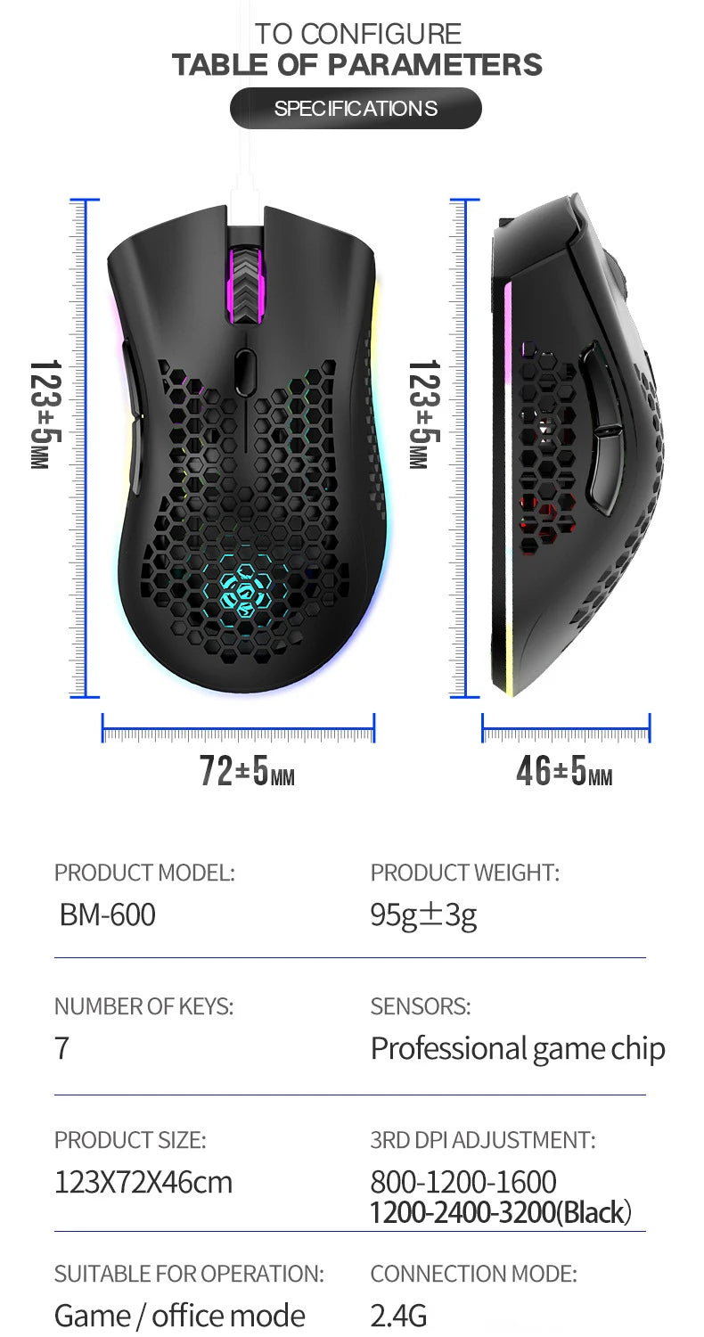 BM600 Rechargeable USB 2.4G Wireless RGB Light Honeycomb Gaming Mouse Desktop PC Computers Notebook Laptop Mice Mause Gamer