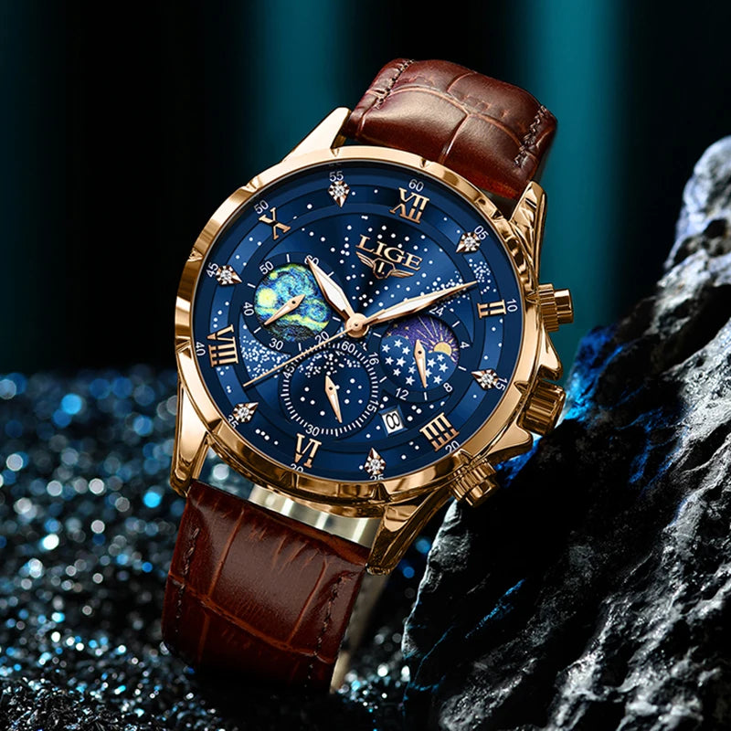 Relógio para homem LIGE – Relógio de quartzo de luxo, estilo descontraído, bracelete em pele, ideal para o trabalho ou para a prática desportiva, resistente à água, com data e cronógrafo.