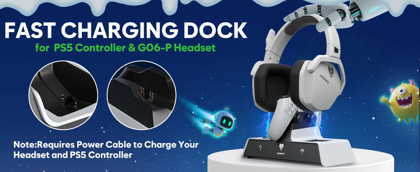 NUBWO G06 Pro Wireless Gaming Headset with Charging Station – Bluetooth 5.3 Gaming Headphones for PS5, PS4 & PC with ENC Microphone and 120-Hour Battery Life