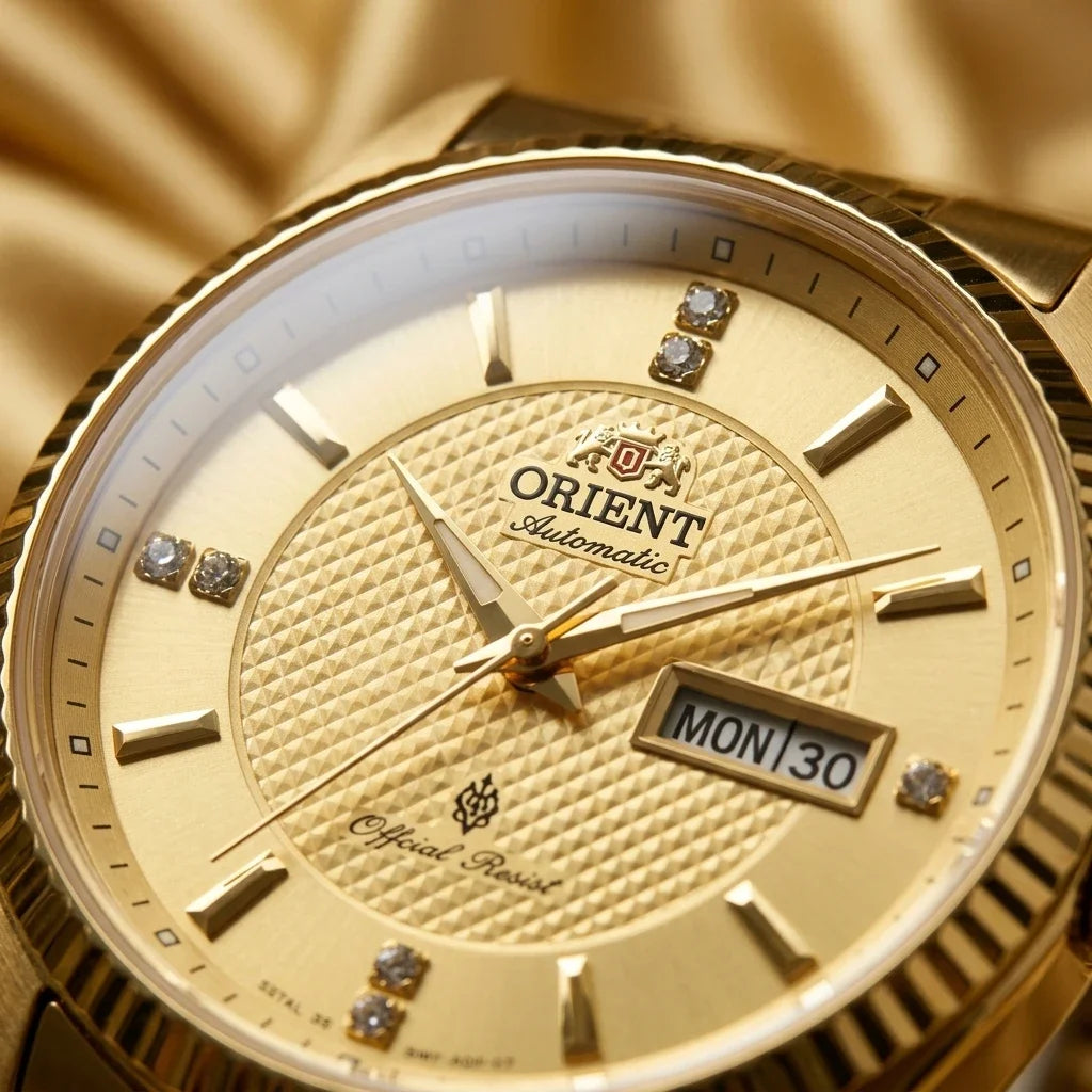 Orient mekanisk automatisk herreur med dobbelt kalender (dato og ugedag), krystalindekser og armbånd i rustfrit stål – Armbåndsur i professionel stil