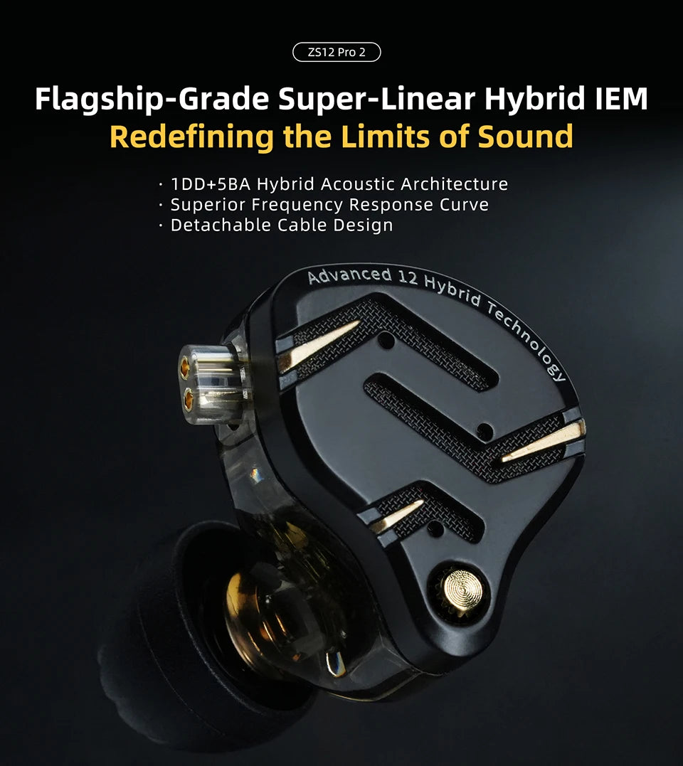 KZ ZS12 PRO 2 Flagship-Grade Super-Linear Hybrid IEM Earphones HiFi Bass In Ear Headphones Esports Gaming Headest Wired Earbuds