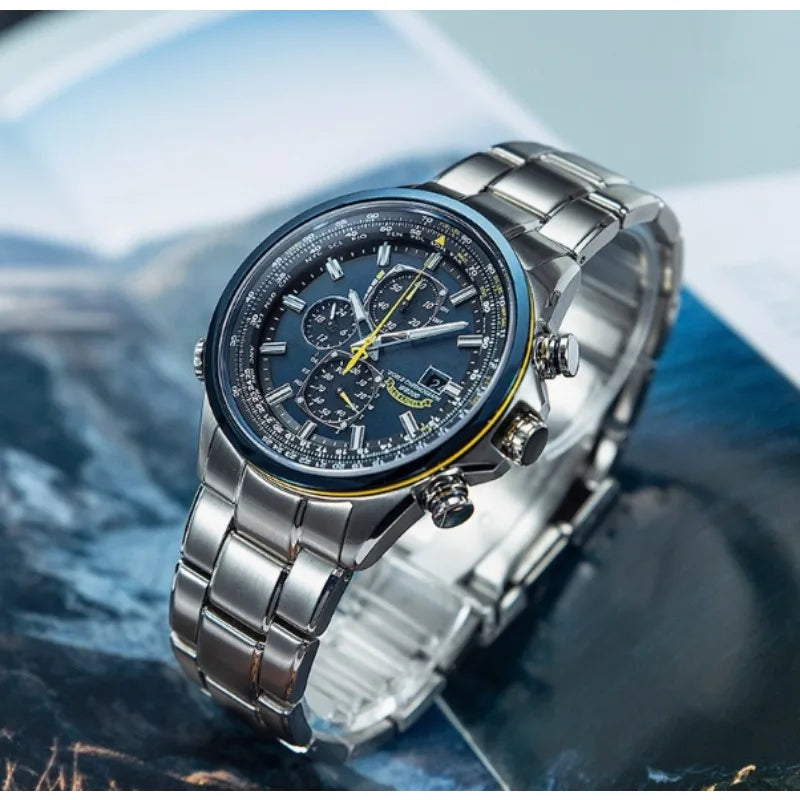 New Men's Ecological Driven Sports Luxury World Chronograph Atomic Chronograph Stainless Steel Blue Dial Christmas Gift