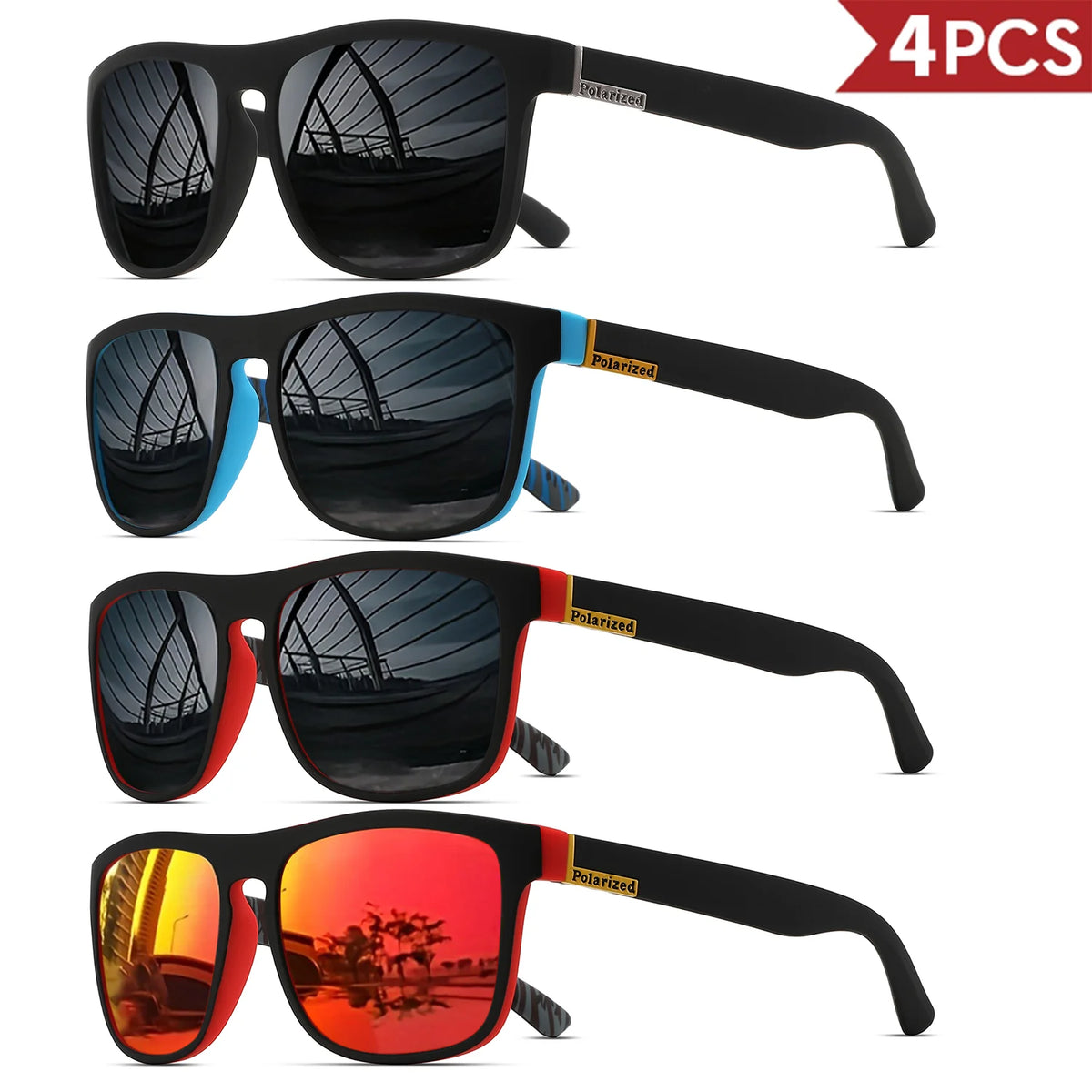 4PCSClassic Square Polarized Sports Sunglasses Lightweight PC Frame UV400 for Driving Fishing Cycling Unisex Everyday Durability