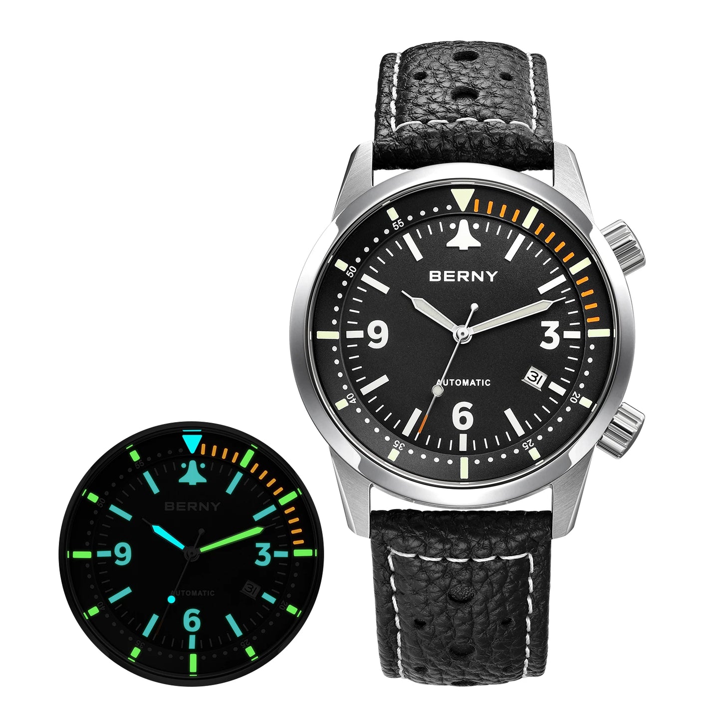 BERNY Men's Automatic Diver Watch Supper Luminous Sapphire AR Coated MlYOTA 8215 Leather Strap Mechanical Diving Watches for Men