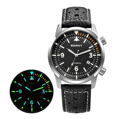 BERNY Men's Automatic Diver Watch Supper Luminous Sapphire AR Coated MlYOTA 8215 Leather Strap Mechanical Diving Watches for Men