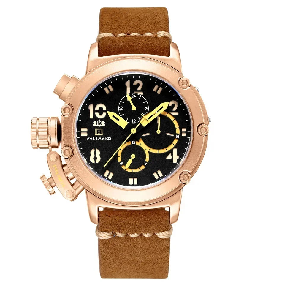 Automatic Watches for Men Mechanical Self Wind Genuine Leather Multifunction Date Boat Month Gold Bronze U Reloj Hombre Baratos