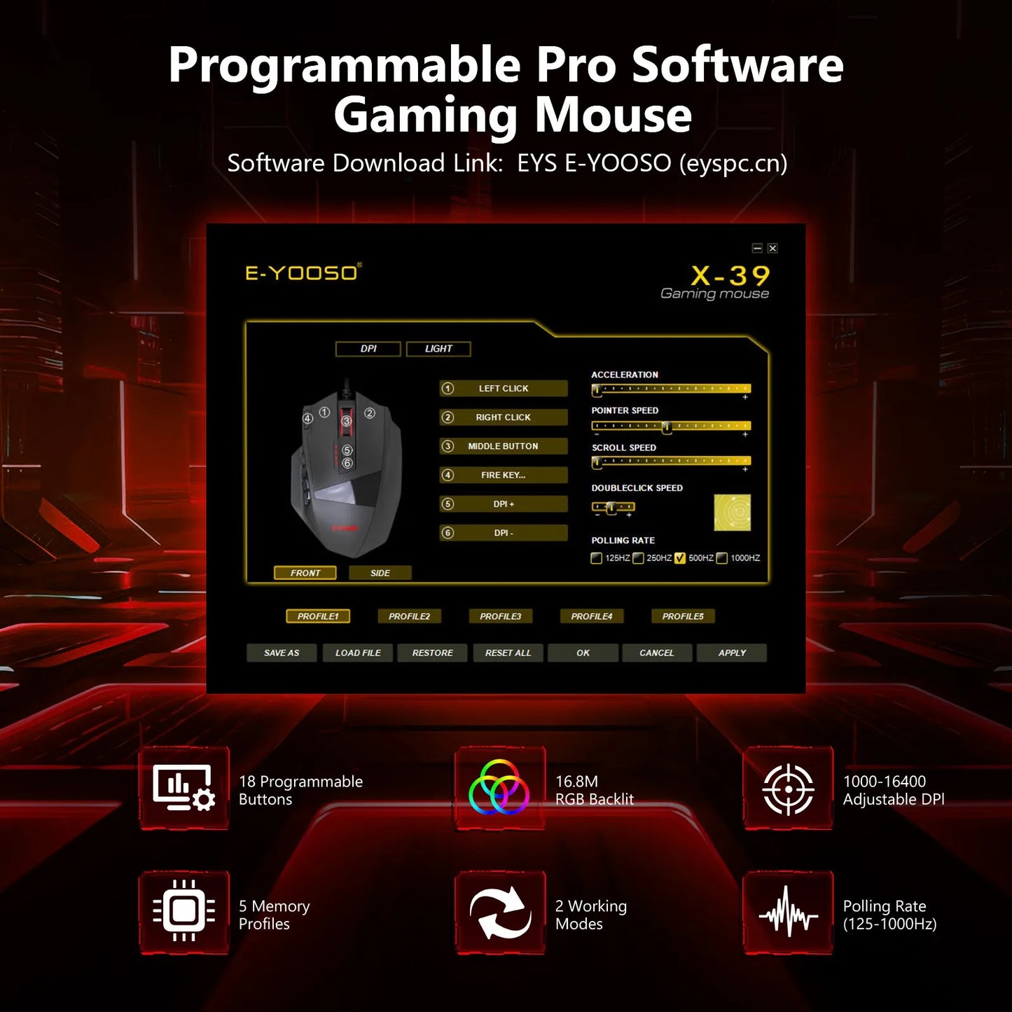 E-YOOSO X-39 Programmable Gaming Mouse, Wired RGB Mouse with 18 Buttons, 8 Removable Weights, 5 DPI, Ergonomic Grip for Computer