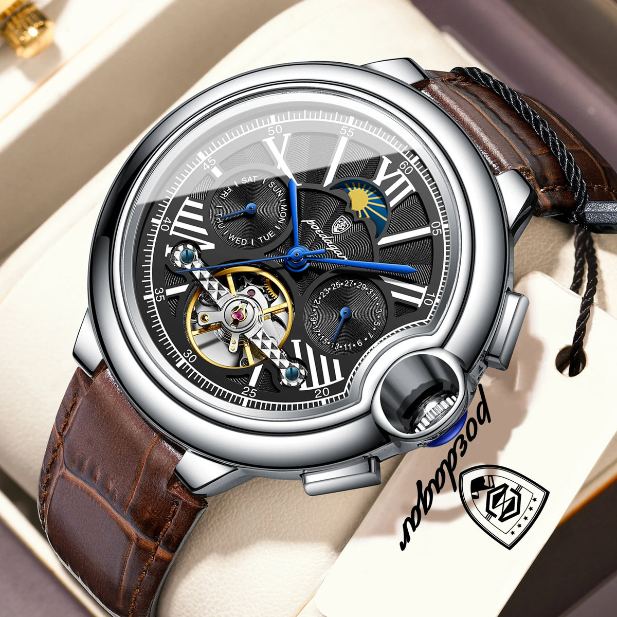 POEDAGAR luksusur til mænd – Mekanisk automatisk model med dato- og ugedagsvisning, læderrem, tourbillon, vandtæt, elegant og professionelt design.