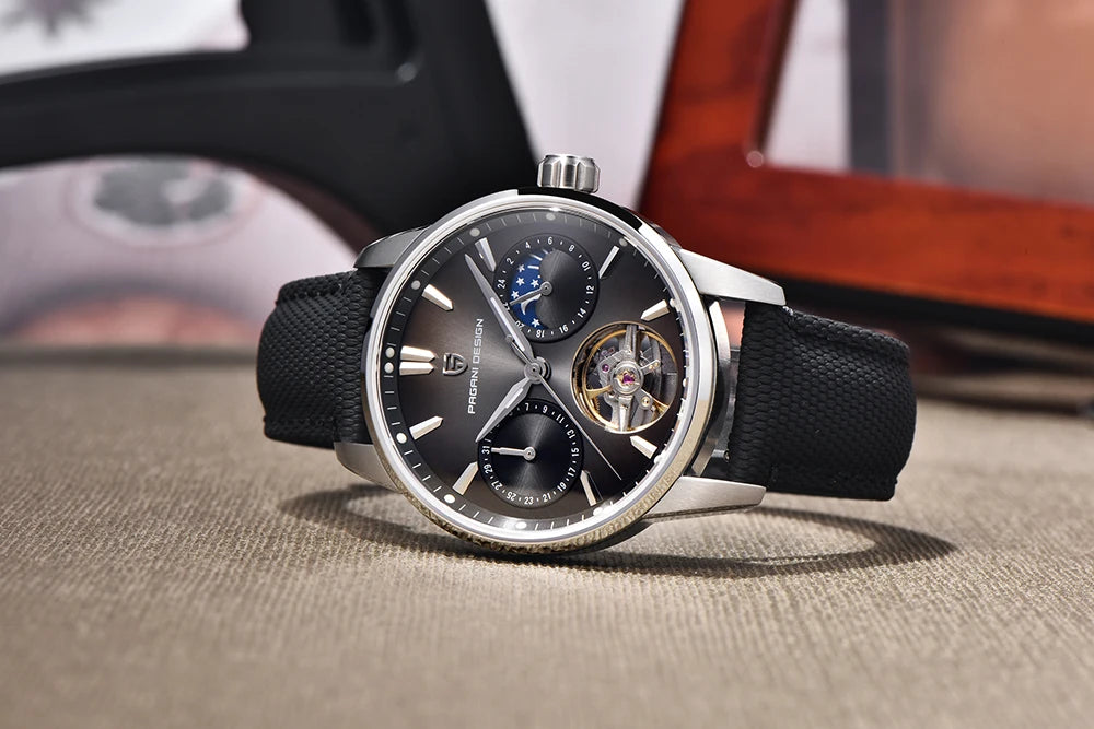 PAGANI DESIGN – Montre mécanique de luxe pour homme, 41 mm, verre saphir, bracelet en cuir, étanche, style pilote, avec tourbillon et phase de lune