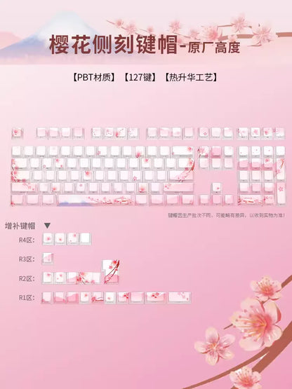 Set di keycap Sakura Pink con incisione laterale, PBT traslucido, 127 tasti, per switch MX e tastiere meccaniche 60/84/90/104/108