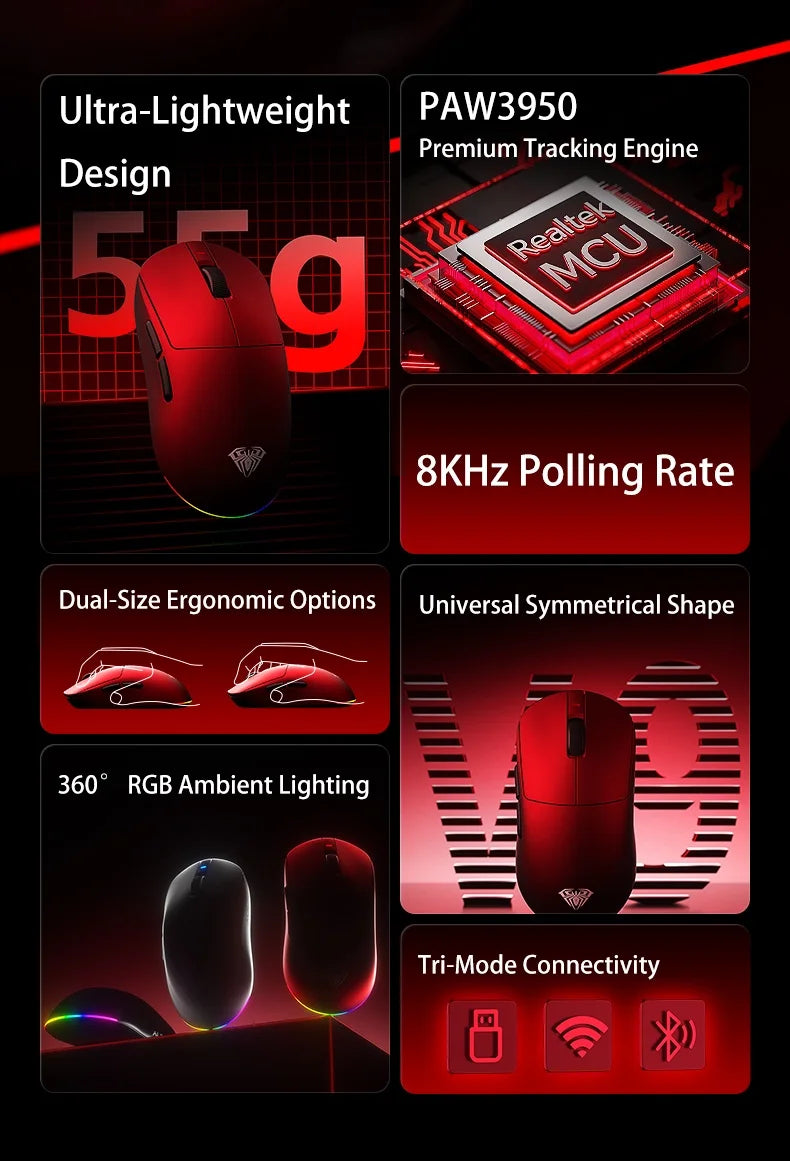 Aula V9 Ultra Wireless E-sports Gaming Mouse Double 8k 3mode PAW 3950 8k 55g Lightweight Ergonomic Mouse Custom PC Accessory