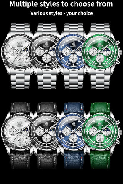OLEVS Men's Watches Fashion Sports Green Watch For Men Multifunctional Quartz Wristwatches Men Waterproof Leather reloj hombre