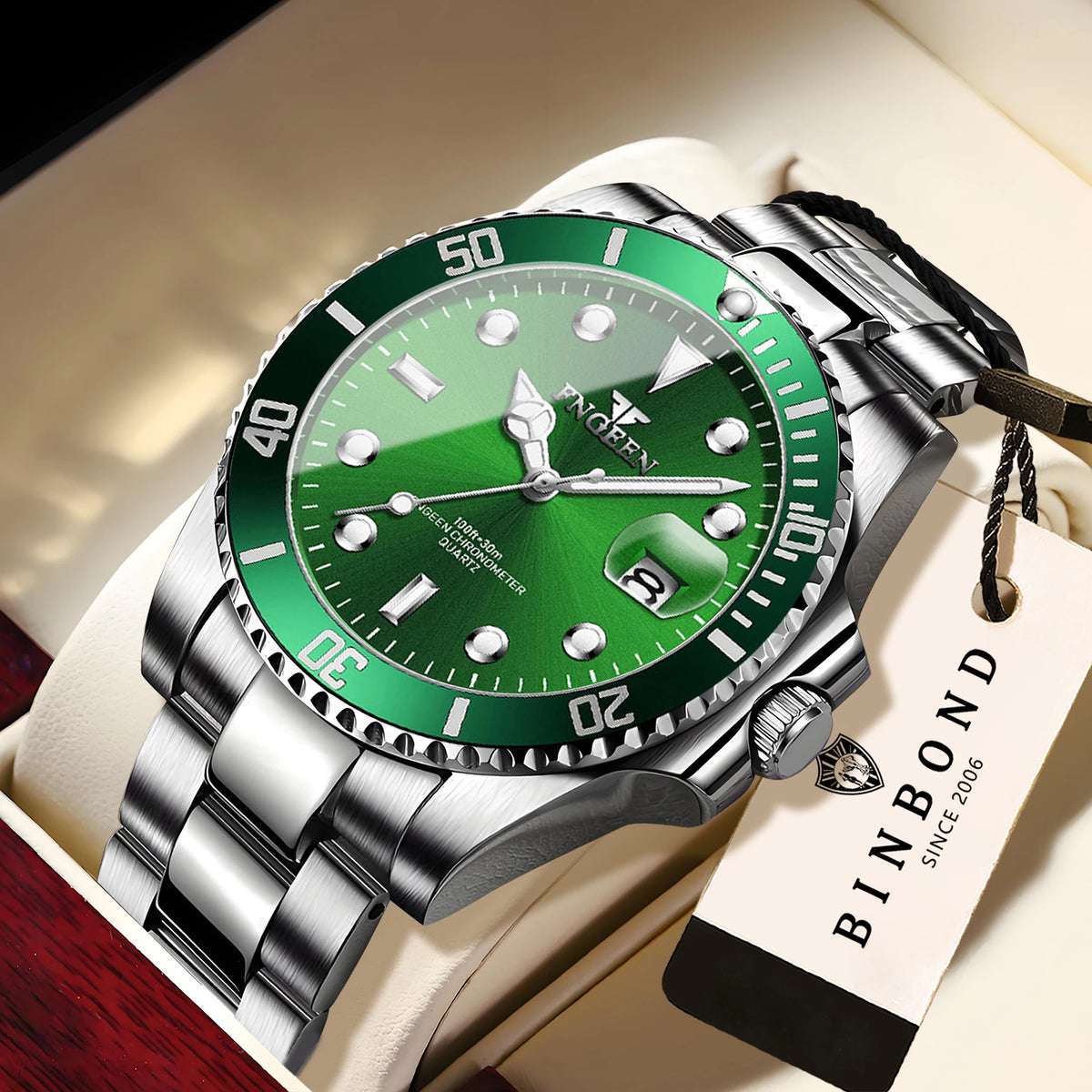 Relógio de pulso de quartzo FNGEEN Son Brand da BINBOND com bracelete em aço inoxidável para homem, luminoso e estanque, de luxo.