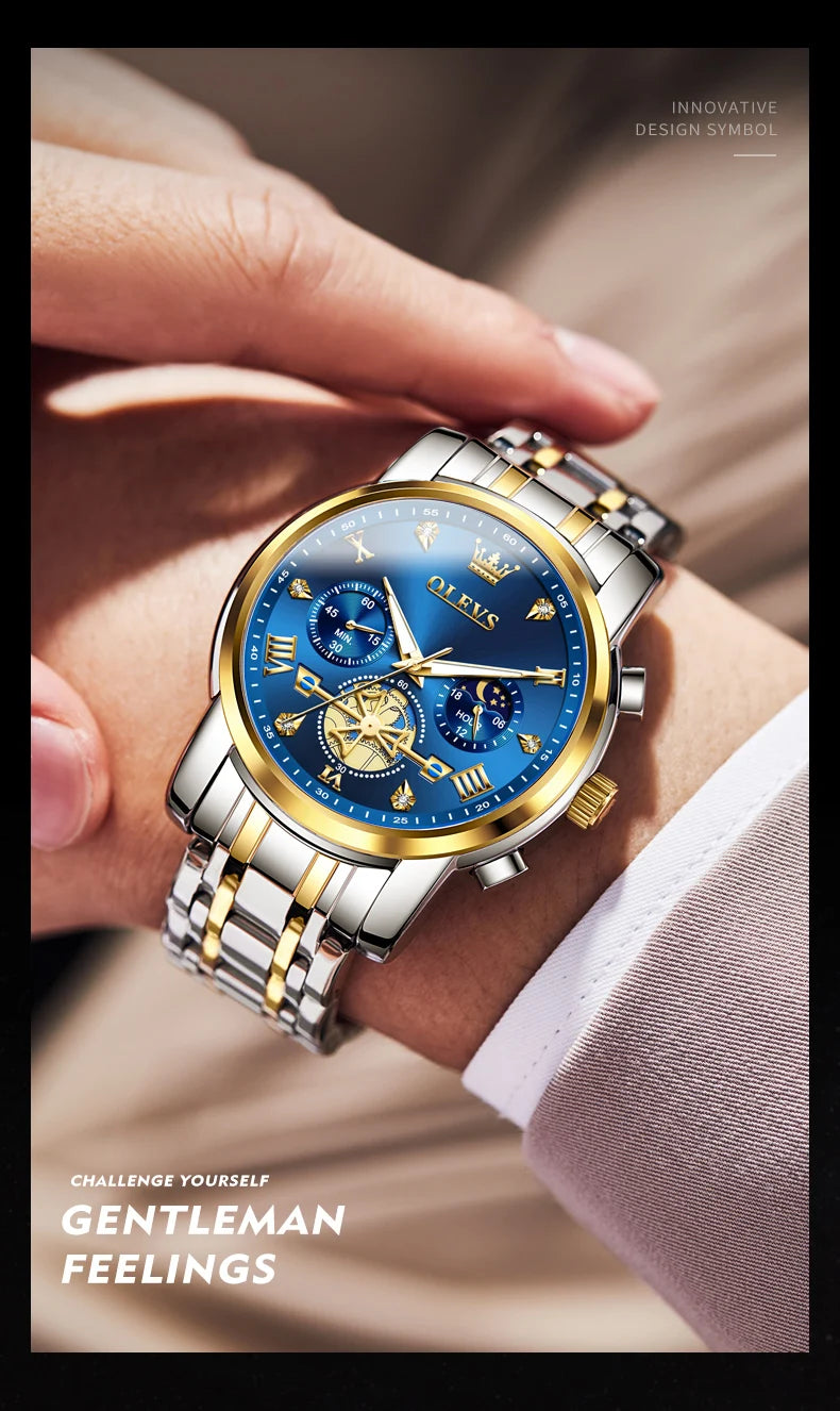OLEVS Men's Watches Classic Multifunctional Flywheel Chronograph Original Quartz Wristwatch Moon Phase 24 Hour Waterproof Watch