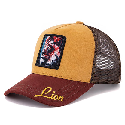Hot Sale Unisex Mesh Cap Lion Pattern Patch Design Suede Hat Women And Men Summer Animal Baseball Cap Fashion Trucker Hat