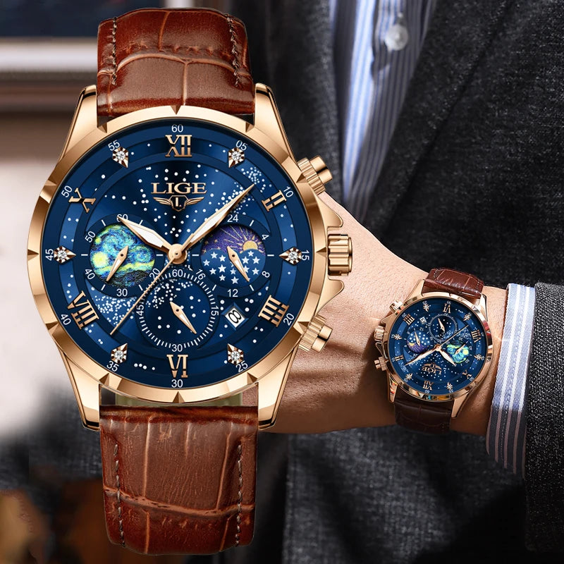 Relógio para homem LIGE – Relógio de quartzo de luxo, estilo descontraído, bracelete em pele, ideal para o trabalho ou para a prática desportiva, resistente à água, com data e cronógrafo.