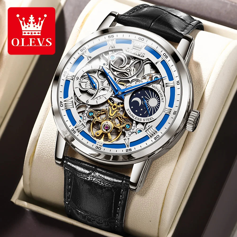 OLEVS Top Brand Men's Skeleton Mechanical Watch, Waterproof Leather Strap, Moon Phase, Automatic Tourbillon Wristwatch