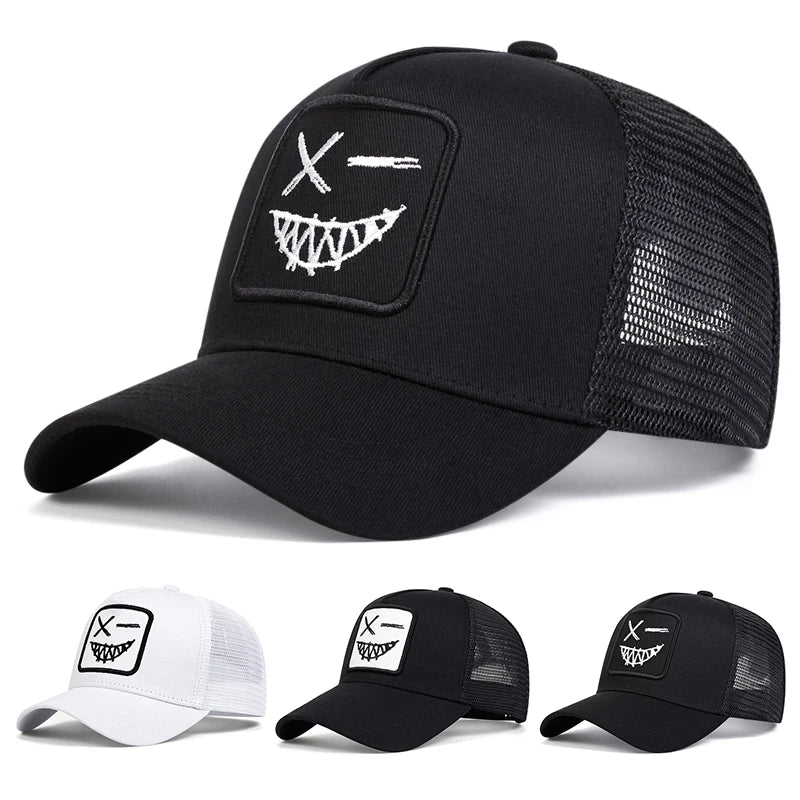 Casquettes de baseball unisexes X à broderie « visage souriant avec dents » – Casquettes de protection solaire pour le printemps et l'été, à porter en extérieur, ajustables, style « trucker » décontracté