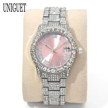 Hot Fashion Luxury Brand UNIGUET Womens Watch Elegant Pink Diamond Small Dial BlingBling Quartz Ladies Mini Iced Wristwatch Gift