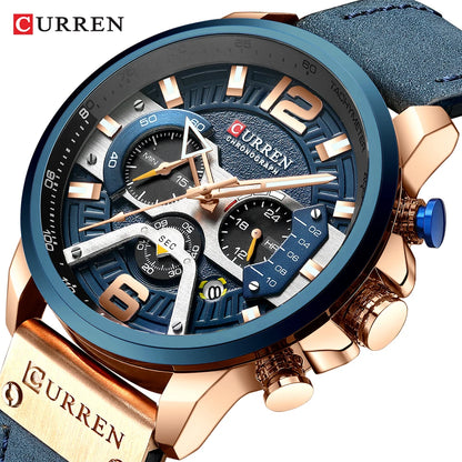 Relógio para homem CURREN 8329 – Estilo desportivo descontraído, design militar, bracelete em pele, cronógrafo na moda, relógio de luxo de grande marca