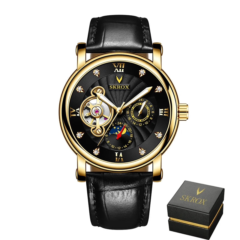 Orologio da polso meccanico automatico di lusso da uomo, firmato da un grande marchio, dotato di tourbillon, fase lunare e diamanti: un elegante orologio da polso.