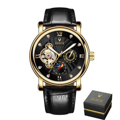 Orologio da polso meccanico automatico di lusso da uomo, firmato da un grande marchio, dotato di tourbillon, fase lunare e diamanti: un elegante orologio da polso.