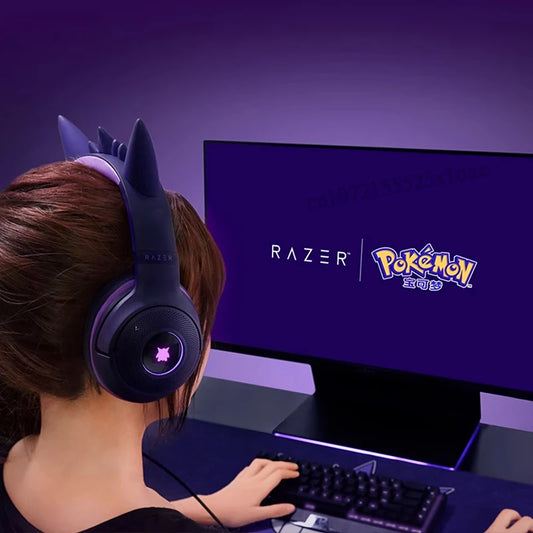 Zestaw słuchawkowy do gier Razer Pokémon Gengar Edition Kraken Kitty V2 RGB – przewodowy, z podłączeniem USB, przetworniki TriForce 40 mm, mikrofon kardioidalny HyperClear