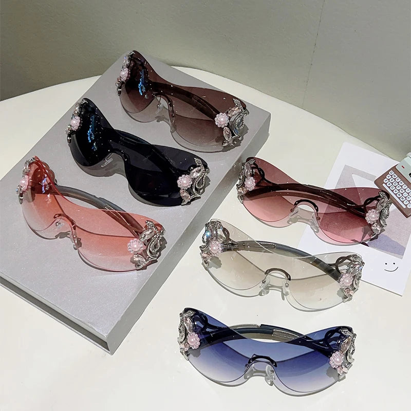 Ochelari de soare KAMMPT fără ramă Y2k cu strasuri, pentru femei, monobloc, pentru activități în aer liber, cu design la modă și lentile cu gradient