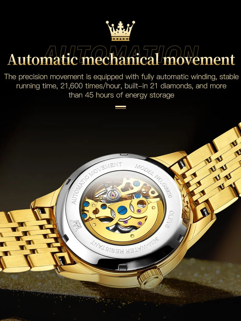 OLEVS 9920 Original Skeleton Men's Watches Solid Stainless Steel Waterproof Luminous Man Watch Luxury Automatic Mechanical Watch