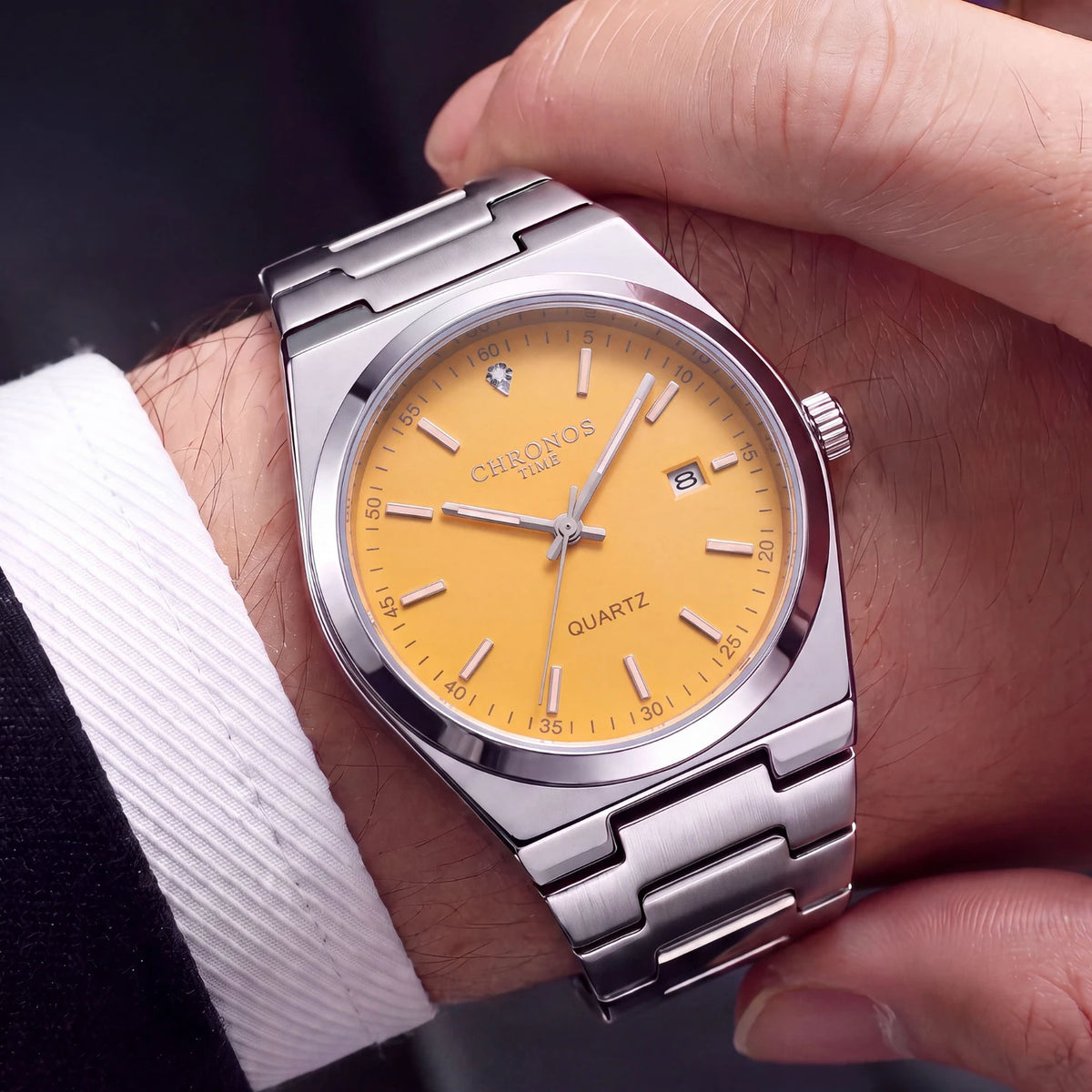 Relógio de quartzo para homem CHRONOS – Bracelete em aço inoxidável, resistente à água, ponteiros luminescentes, indicador de data – Ideal para o trabalho, o desporto ou o dia a dia