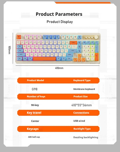 Teclado gaming de oficina EWEADN G98, membrana con retroiluminación arcoíris, USB con cable, externo y silencioso, área numérica, diseño Digh