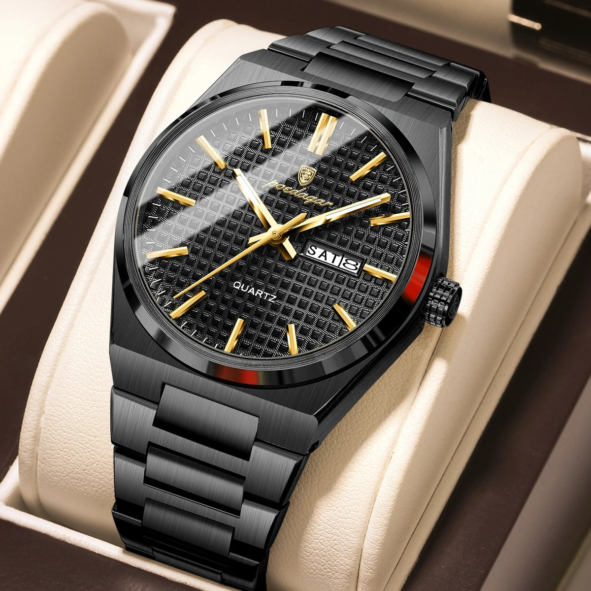 Orologio da polso di lusso da uomo POEDAGAR, impermeabile, luminescente, in acciaio inossidabile, con data e giorno della settimana, al quarzo, stile business.
