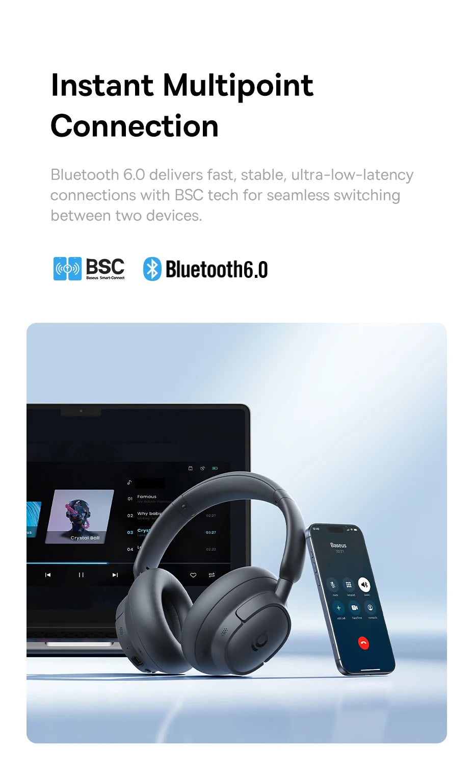 Baseus Bass EH10 NC Wireless Headphones Bluetooth 6.0 Noise Canceling 45dB Over Ear HeadsetSpatial Audio Earphone 80H Time